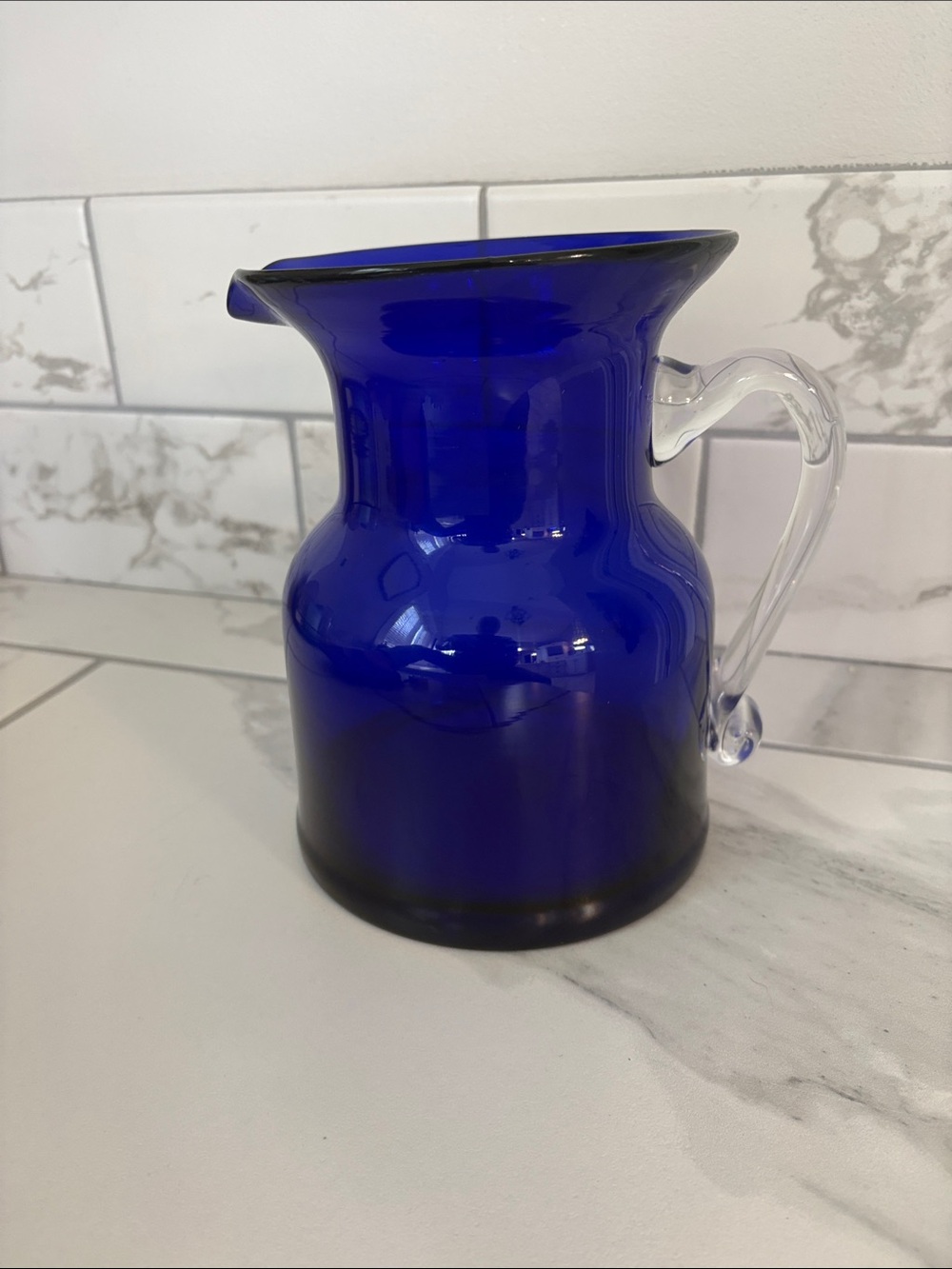 Gorgeous Designs Cobalt Blue Hand Blown Glass Pitcher Clear Applied Handle